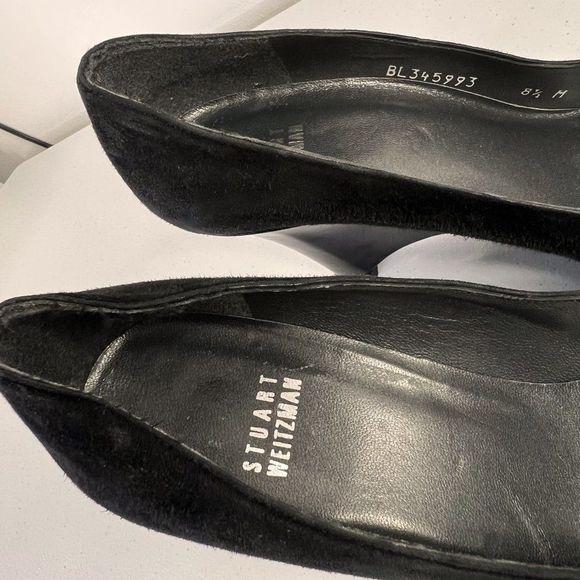 Stuart Weitzman Black Suede Pointed Toe Wedge Pumps with Bows - Picture 7 of 8